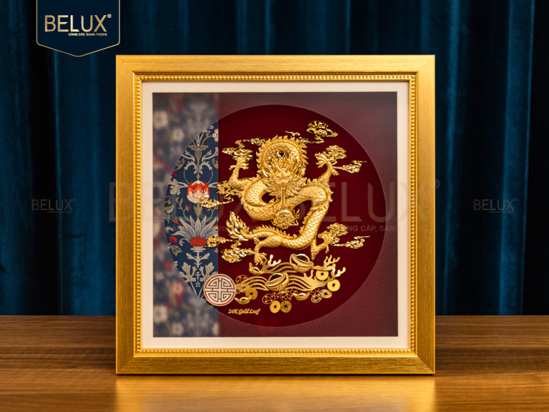 Tranh Rồng chầu ngọc dát vàng 24k 30x30cm